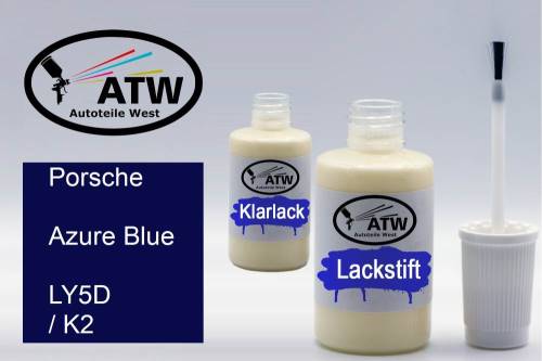 Porsche, Azure Blue, LY5D / K2: 20ml Lackstift + 20ml Klarlack - Set, von ATW Autoteile West.